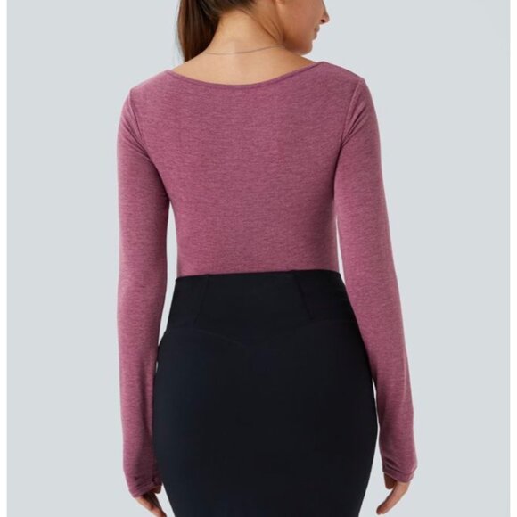 Halara Twisted V Neck Long Sleeve Ruched Skinny Work Top Sz Large Pink Womens - Picture 12 of 12